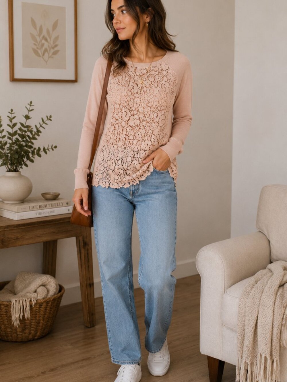 J Crew Merino Wool Blush Pink Cottage Core Lace Sweater Medium